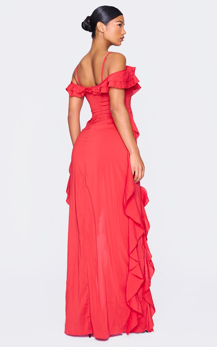 Red Cold Shoulder Ruffle Detail Maxi Dress