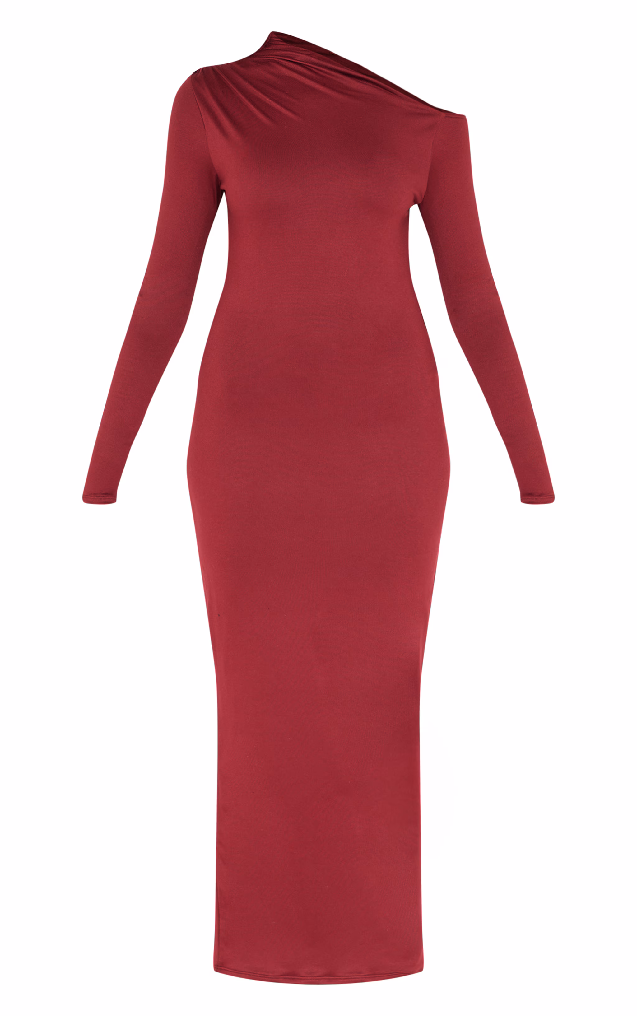 Burgundy Double Contour Asymmetric Long Sleeve Maxi Dress
