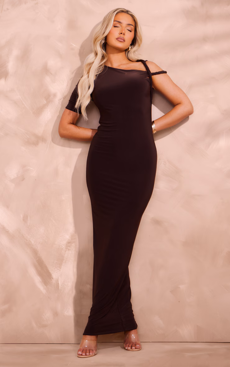 Chocolate Slinky Twist Shoulder Midaxi Dress