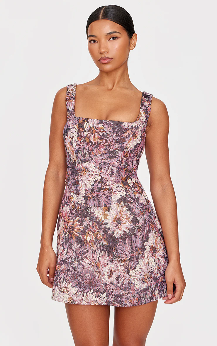 Purple Floral Jacquard Print Corset Mini Shift Dress