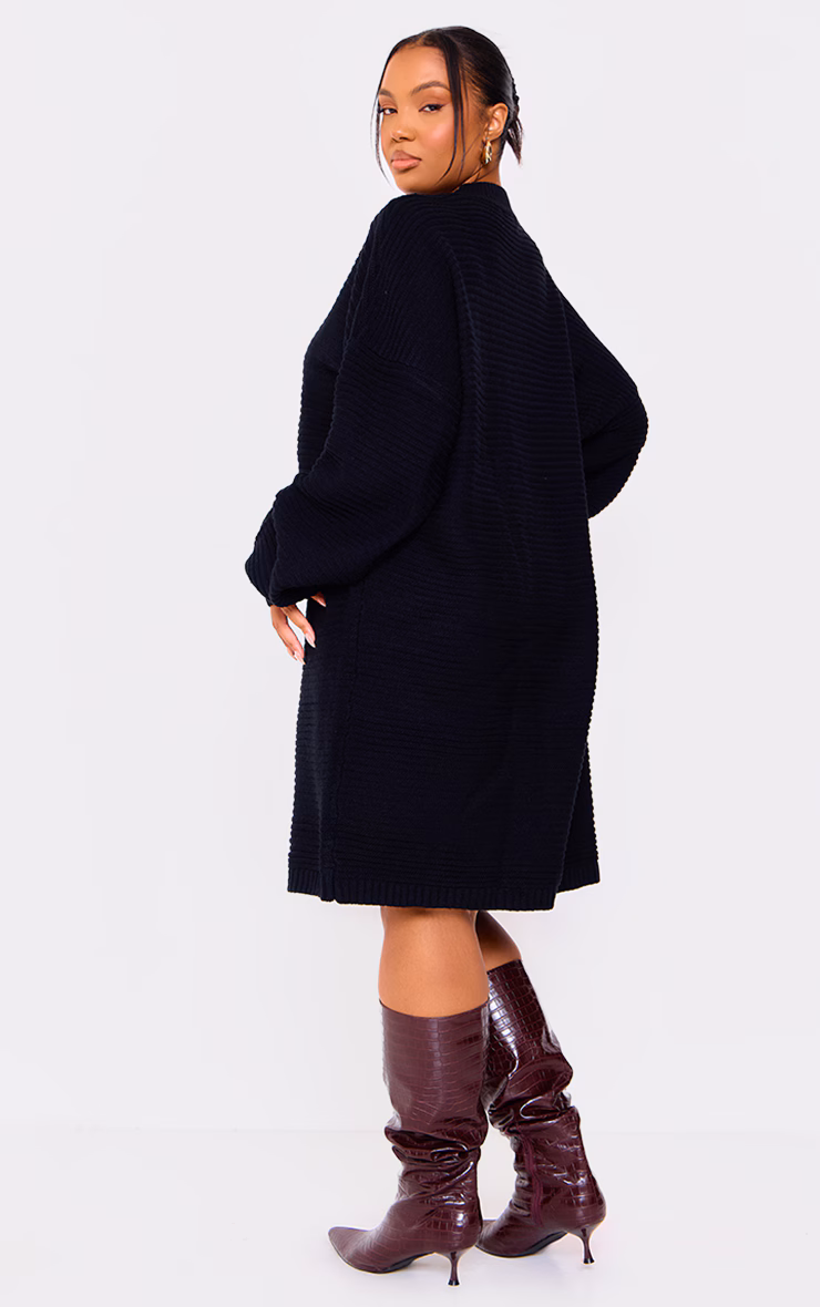 Plus Black Knitted High Neck Rib Sweater Dress