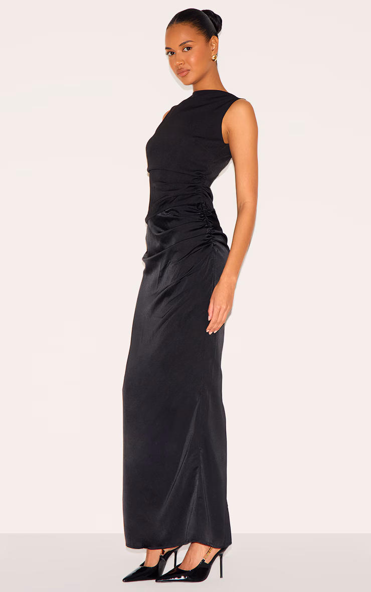 Black Woven High Neck Ruched Drape Midaxi Dress