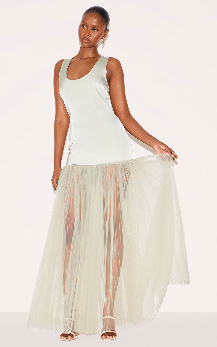 Sage Green Scoop Neck Drop Waist Maxi Dress