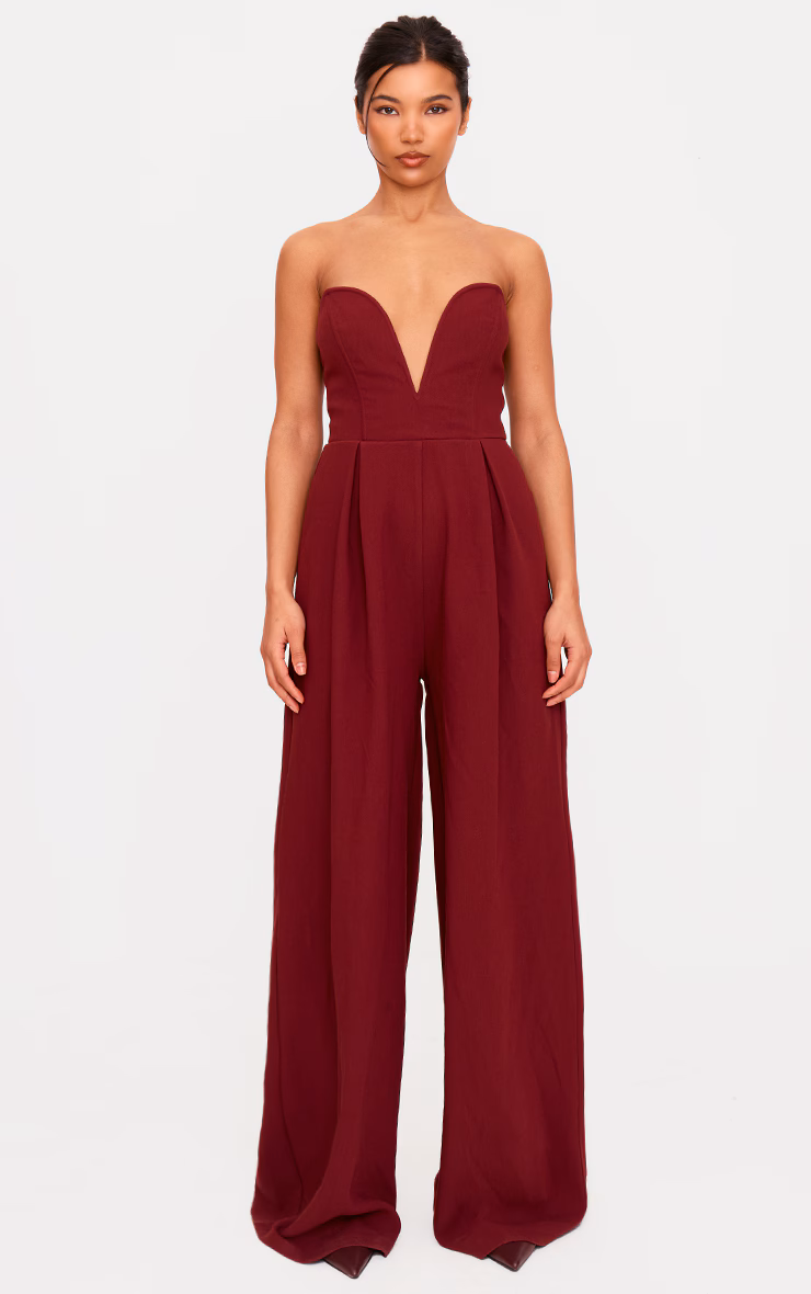 PLT Label Burgundy Plunge Wide Leg Jumpsuit