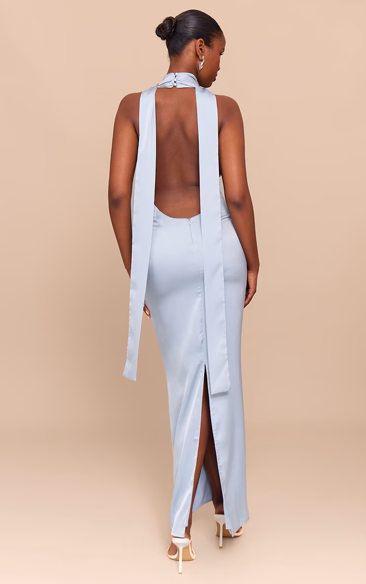 Baby Blue Satin Cowl Neck Drape Maxi Dress