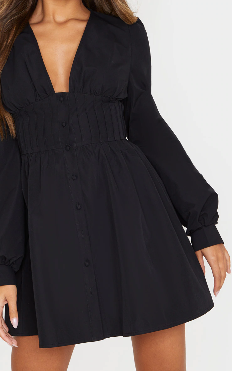 Black Button Front Fitted Puff Sleeve Skater Dress