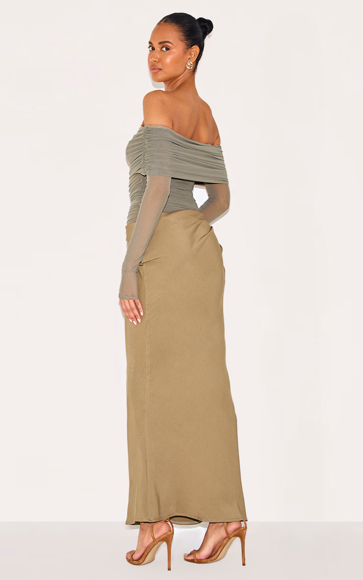 Olive Satin Mesh Detail Bardot Maxi Dress