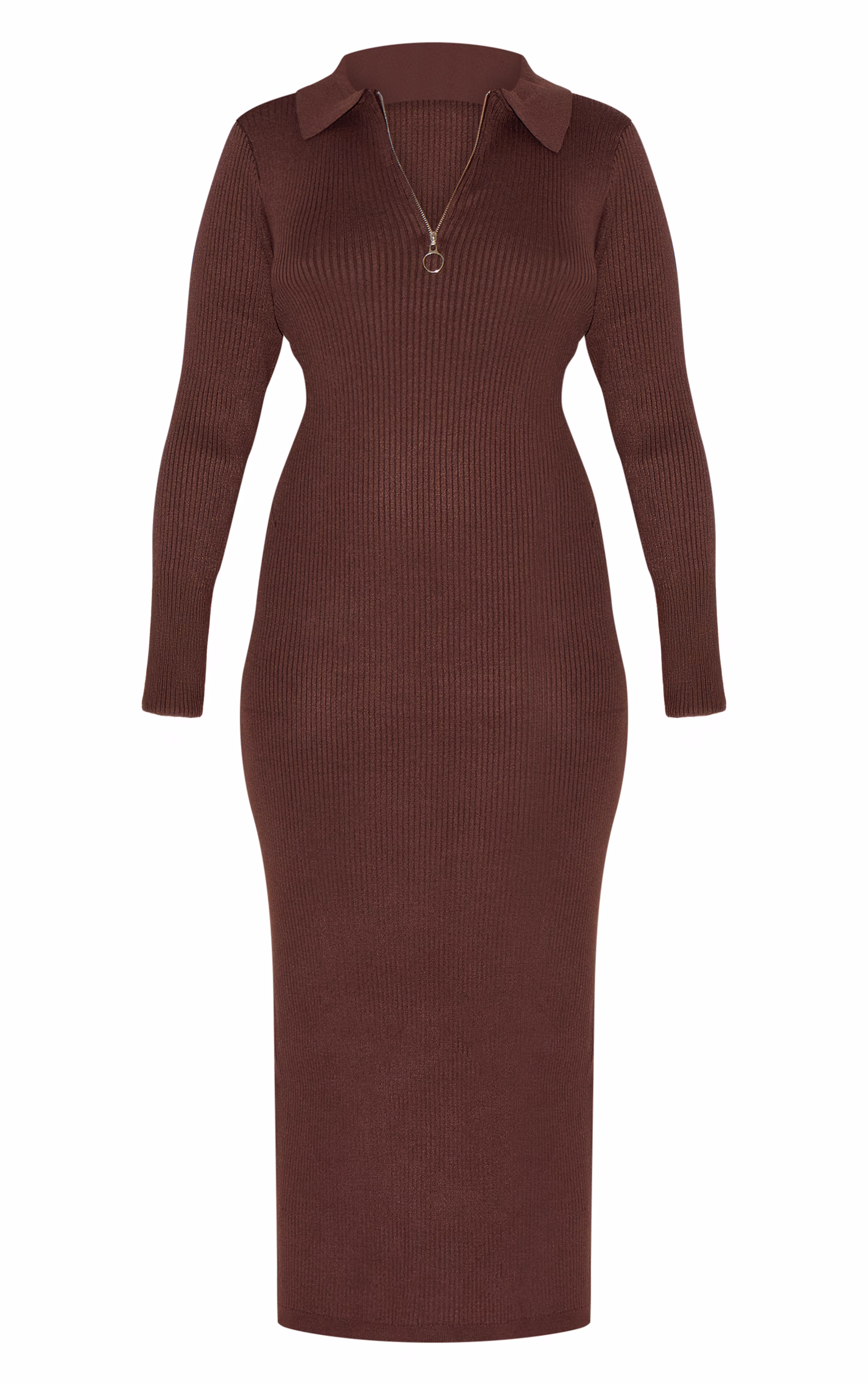 Plus Chocolate Half Zip Collared Detail Midaxi Dress