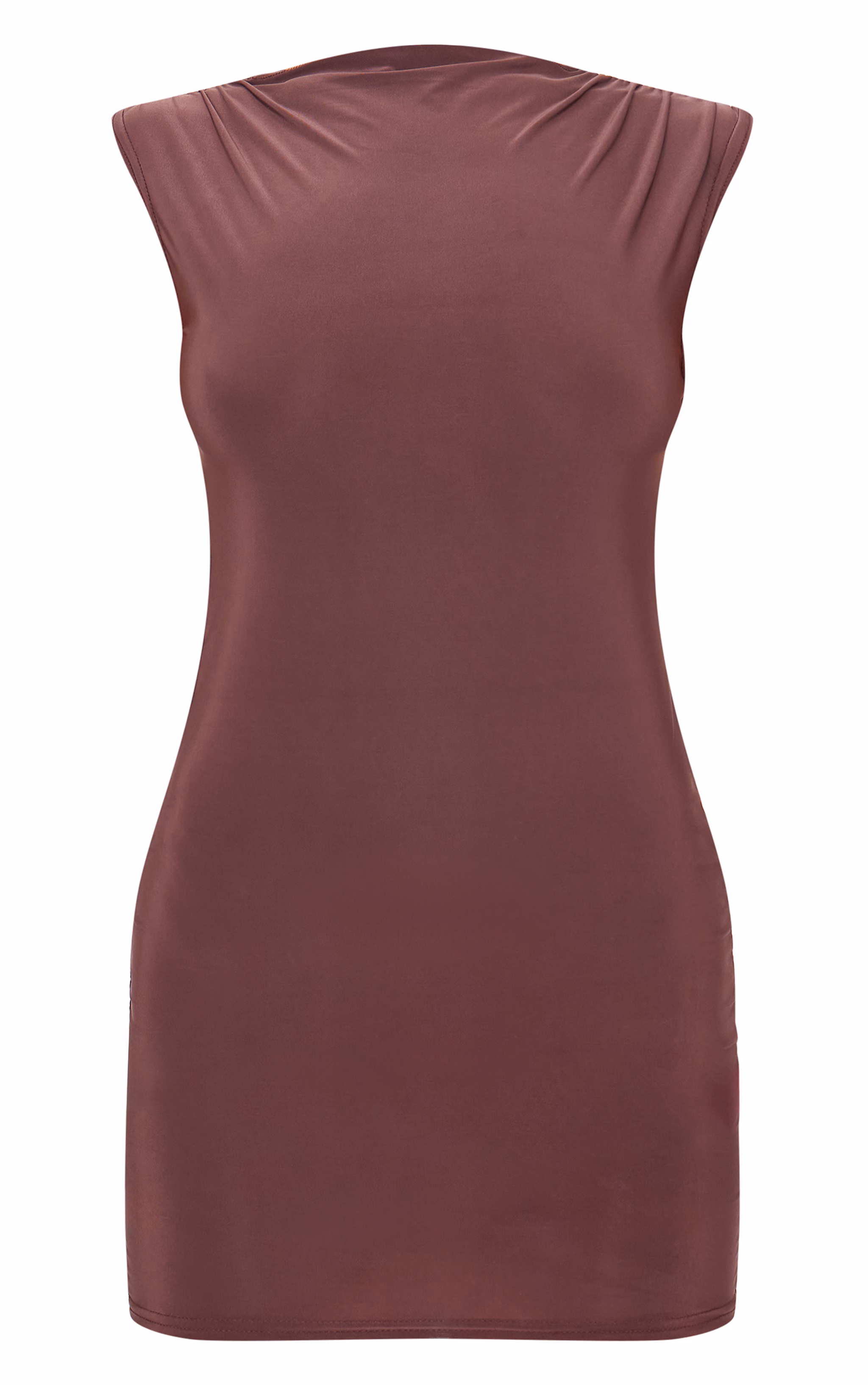 Chocolate Slinky High Neck Ruched Mini Dress