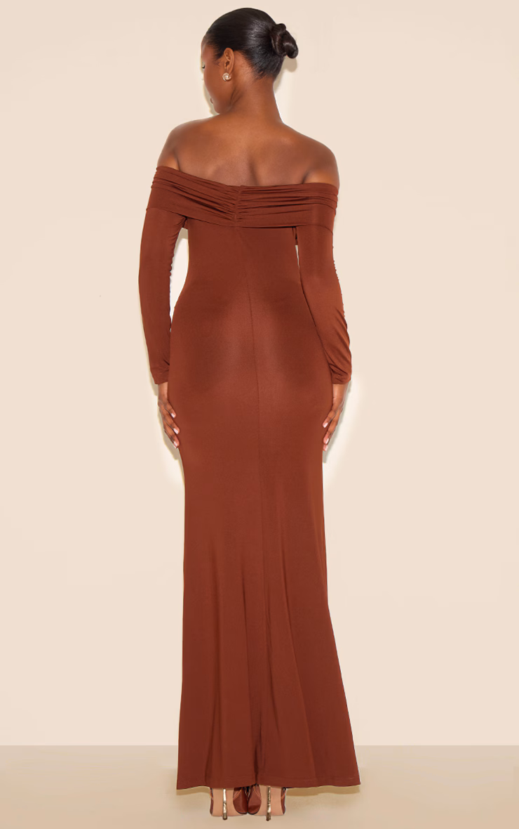 Chocolate Bardot Long Sleeve Trim Drape Detail Maxi Dress