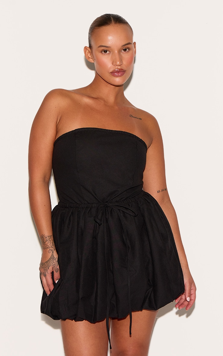 Plus Black Linen Bandeau Tie Waist Puffball Dress