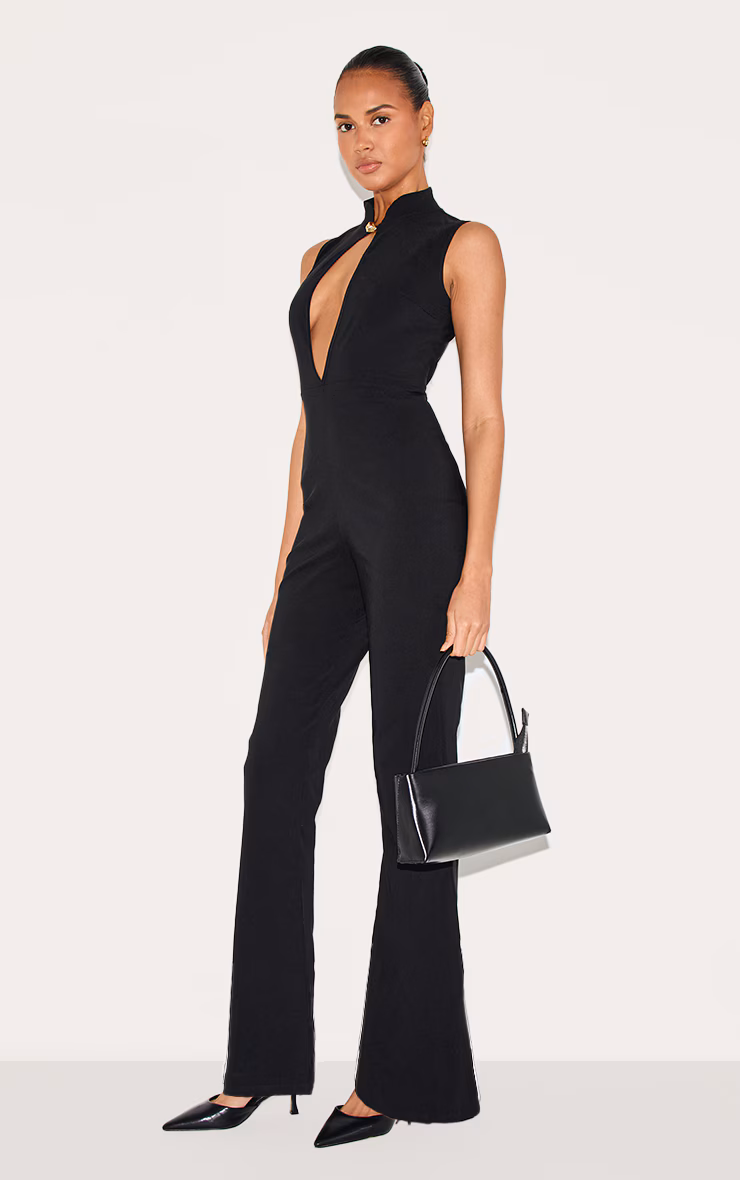 Black Stretch Woven Collared Gold Trim Straight Leg Jumpsuit