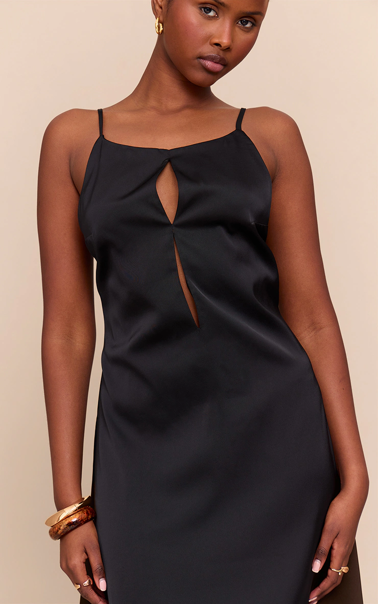 Black Satin Keyhole Cut Out Slip Dress