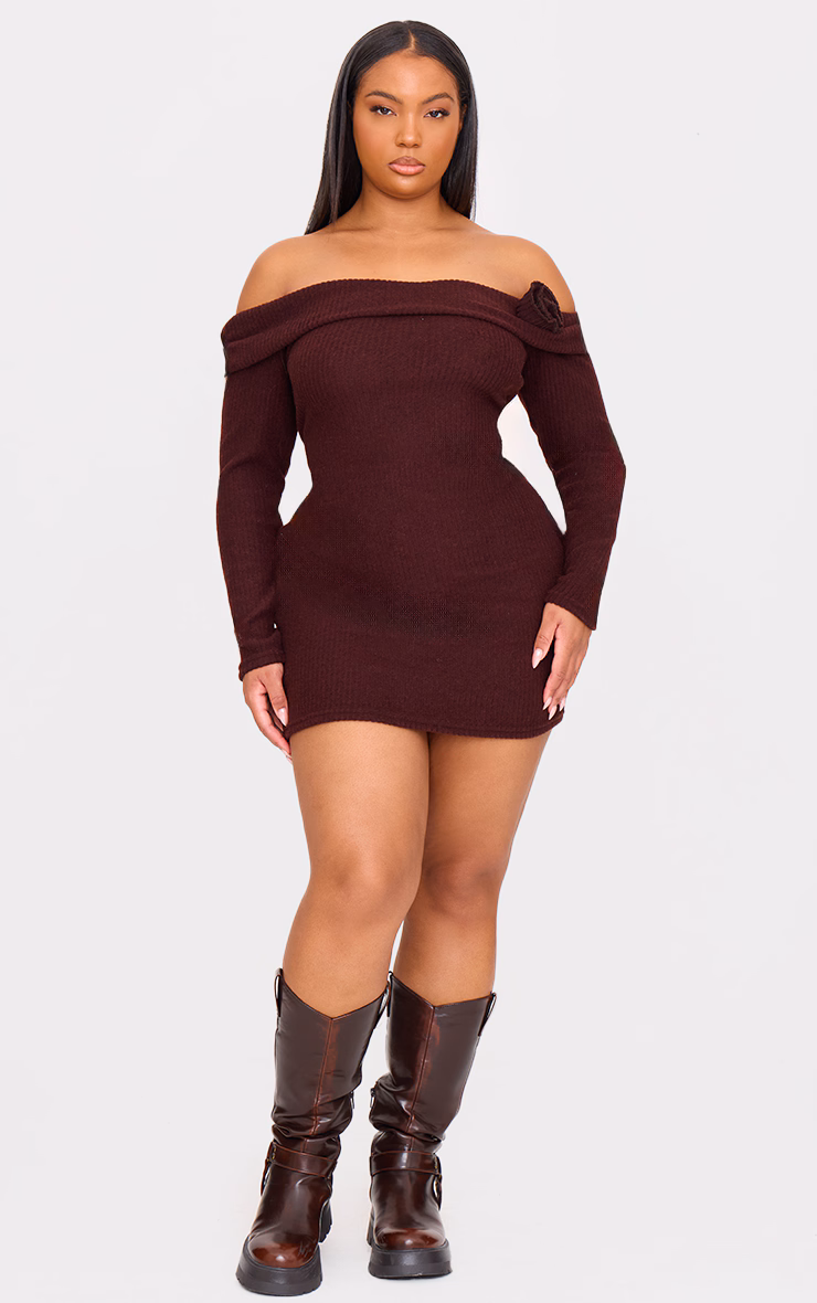 Plus Chocolate Brushed Rib Fold Over Bardot Corsage Detail Bodycon Dress