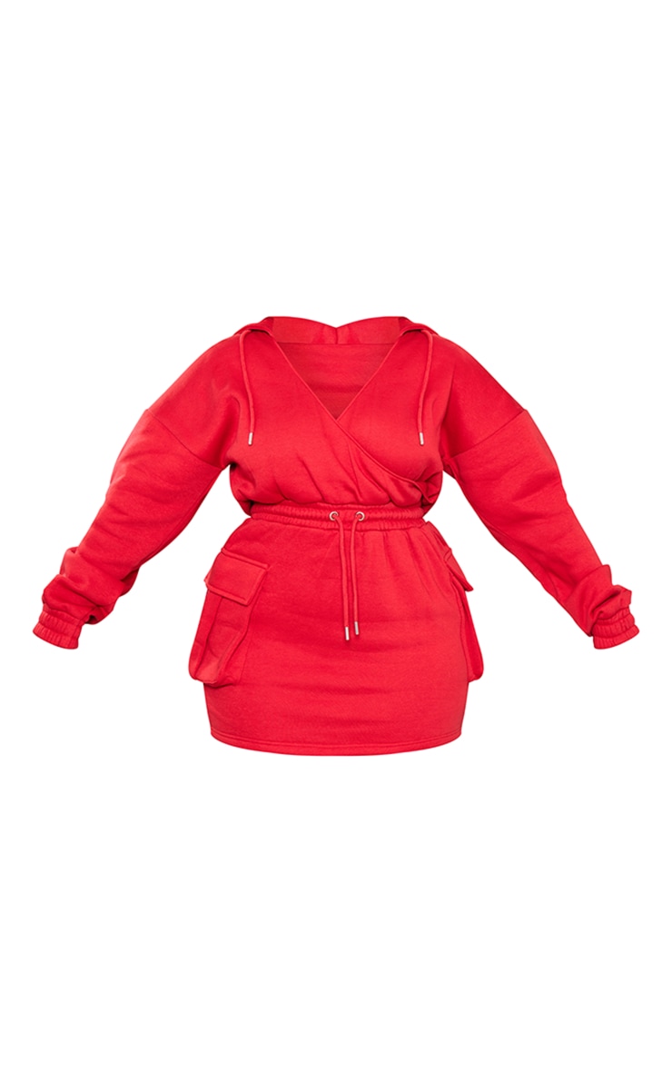 Shape Red Plunge Wrap Utility Pocket Sweatshirt Dress