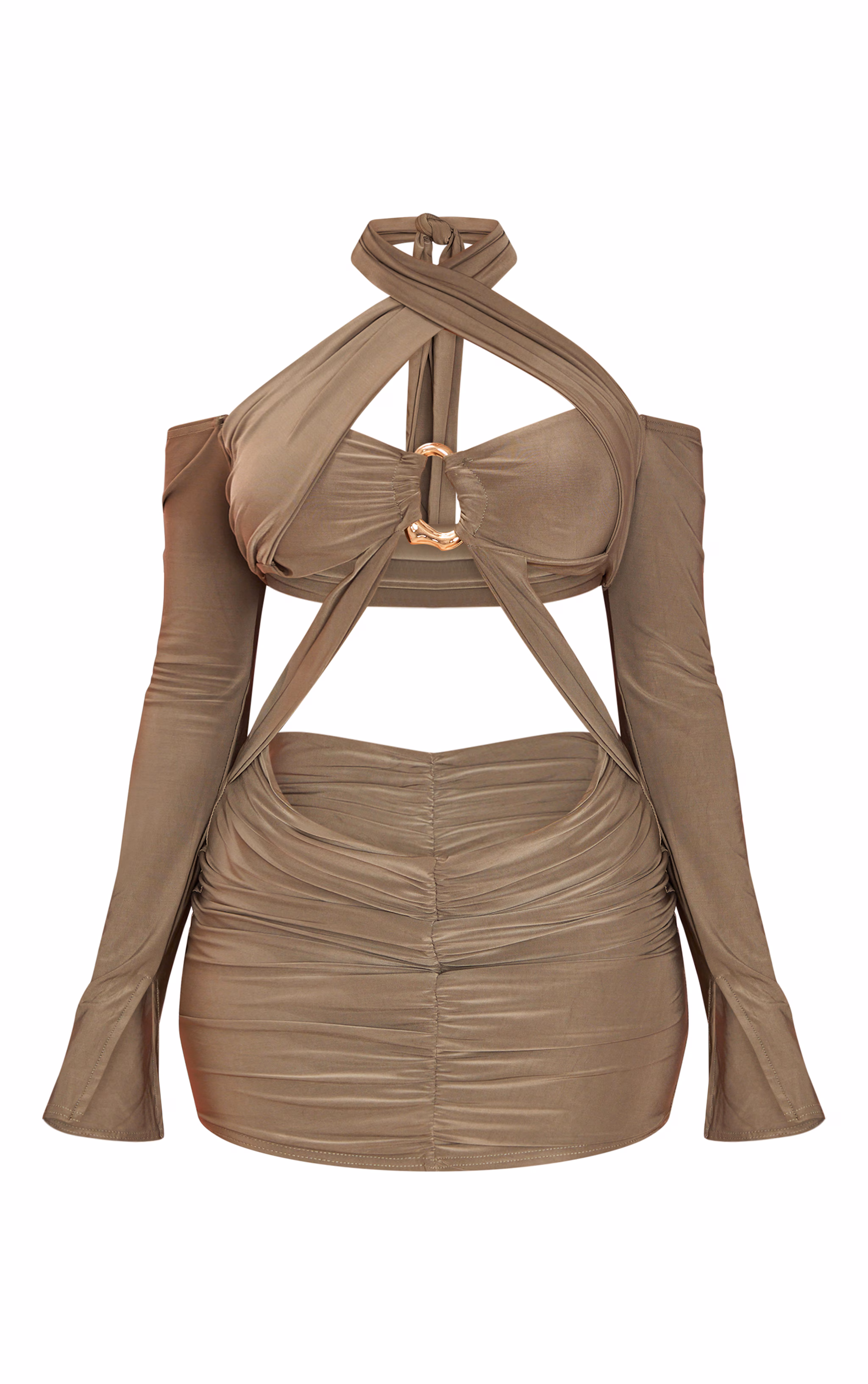 Olive Slinky Long Sleeve Twm Detail Cut Out Mini Dress