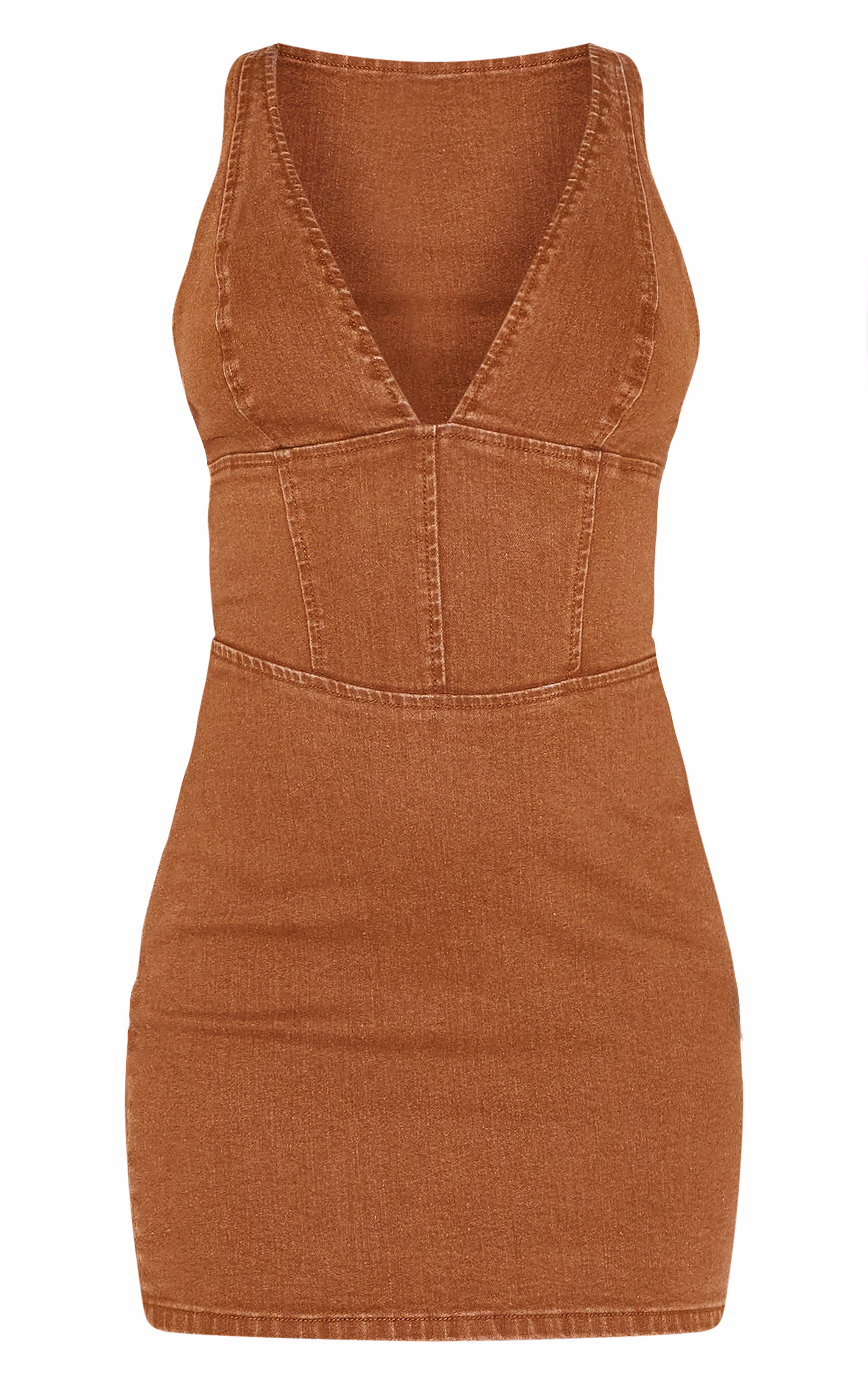 Brown Plunge Corset Style Denim Mini Dress