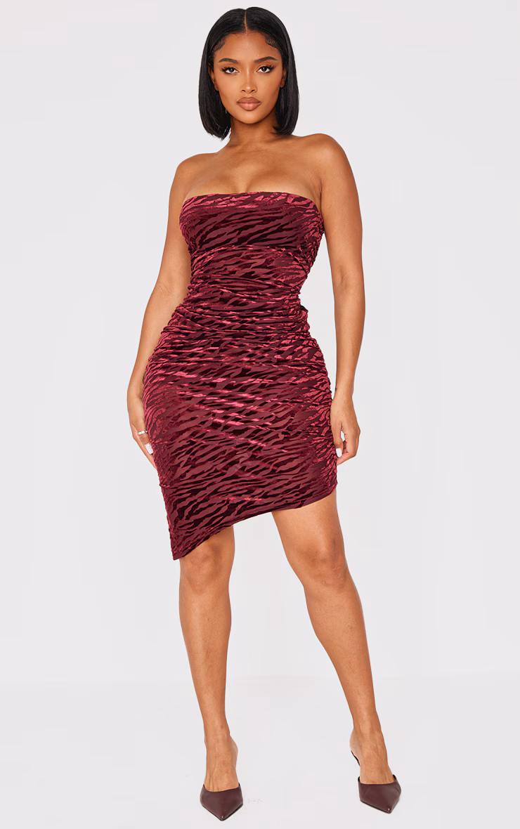Shape Burgundy Zebra Devore Bandeau Ruched Side Mini Dress