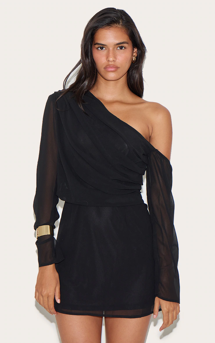 Black Chiffon Asymmetric Ruched Shift Dress