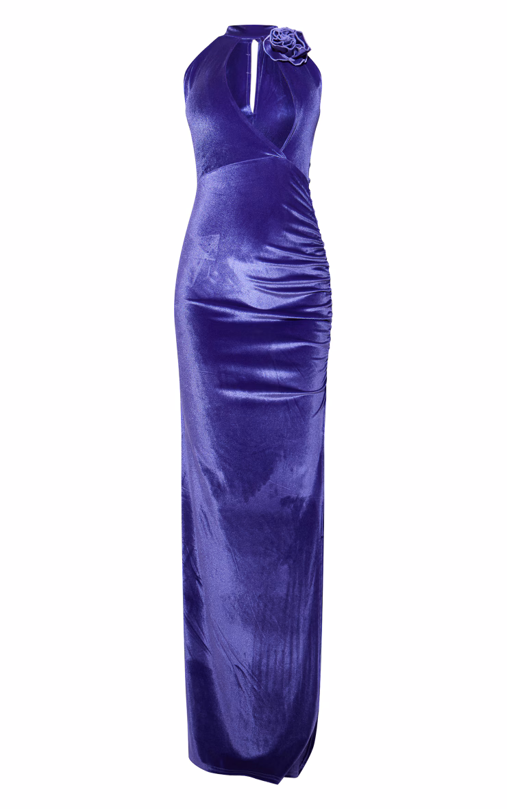 Purple Velvet Corsage Detail Cut Out Slit Maxi Dress