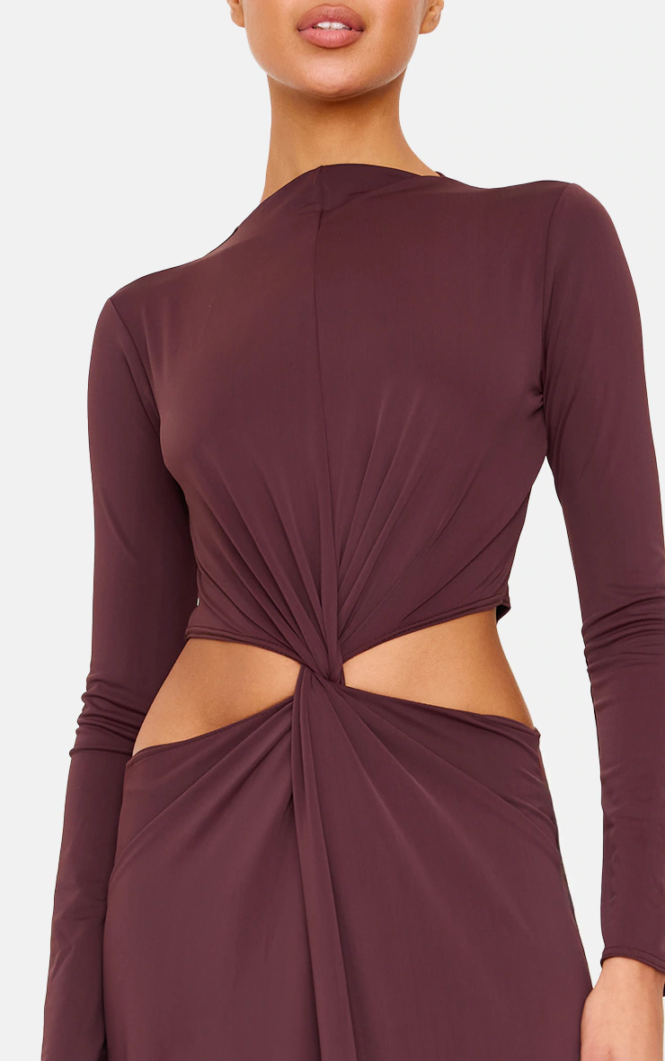 Chocolate Matte Sculpt Cut Out Twist Long Sleeve Maxi Dress