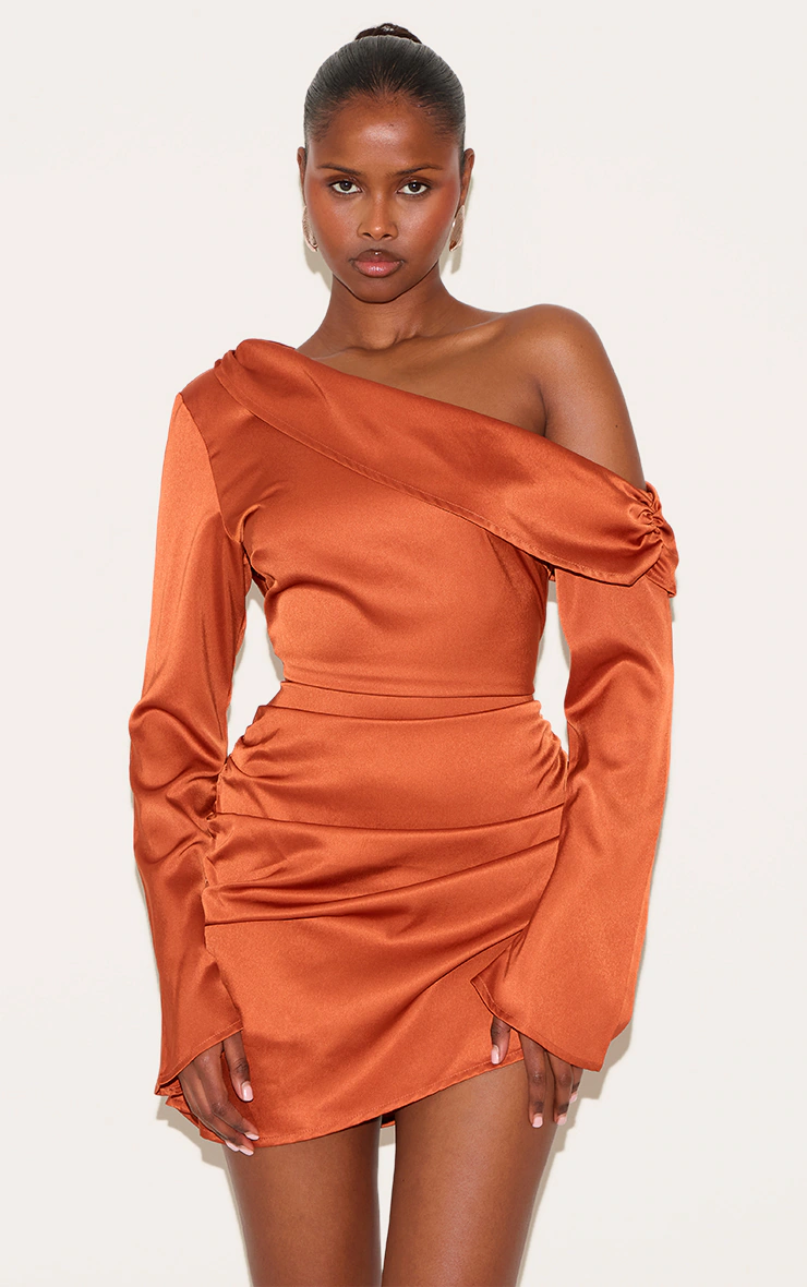 Burnt Orange Satin One Shoulder Drape Bodycon Dress