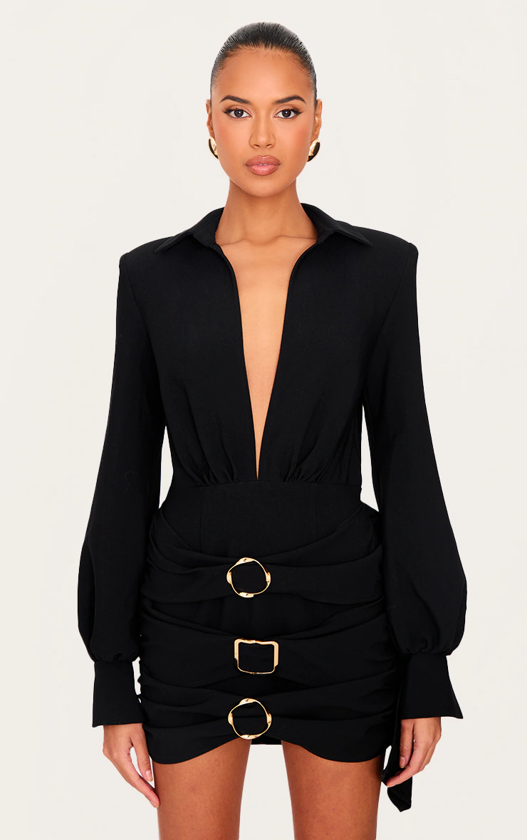 Black Belt Wrap Detail Mini Dress