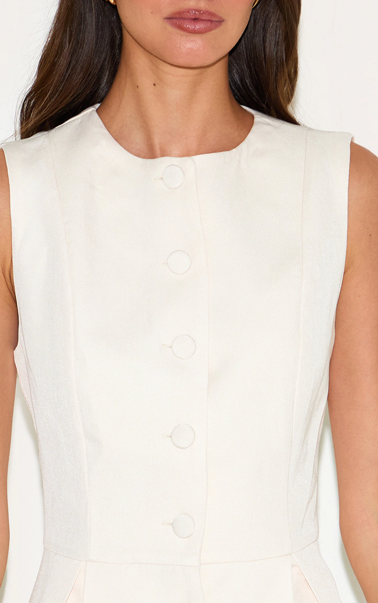 Cream Tailored Woven Button Down Pleated Shift Dress