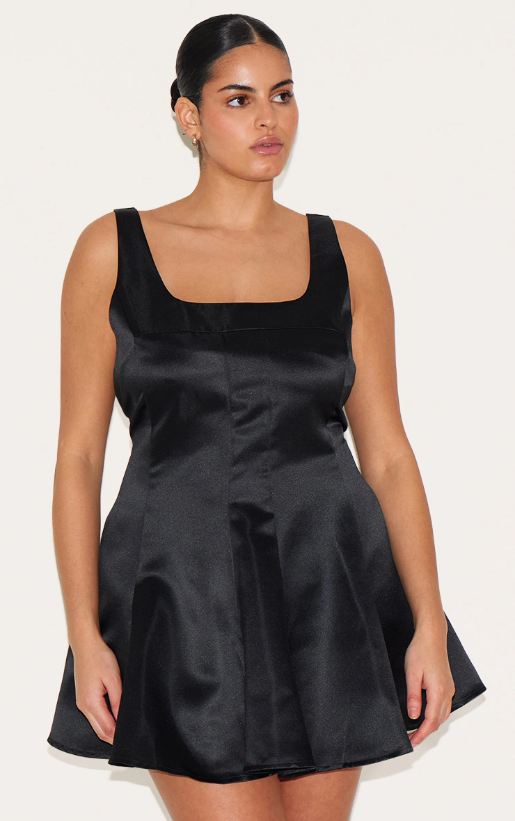 Plus Black Satin Square Neck Pleated Shift Dress