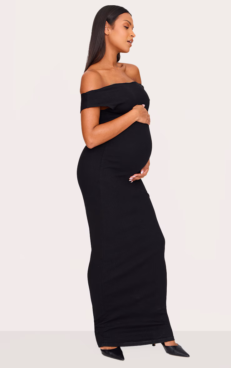 Maternity Black Bardot Ribbed Sleeveless Maxi Dress