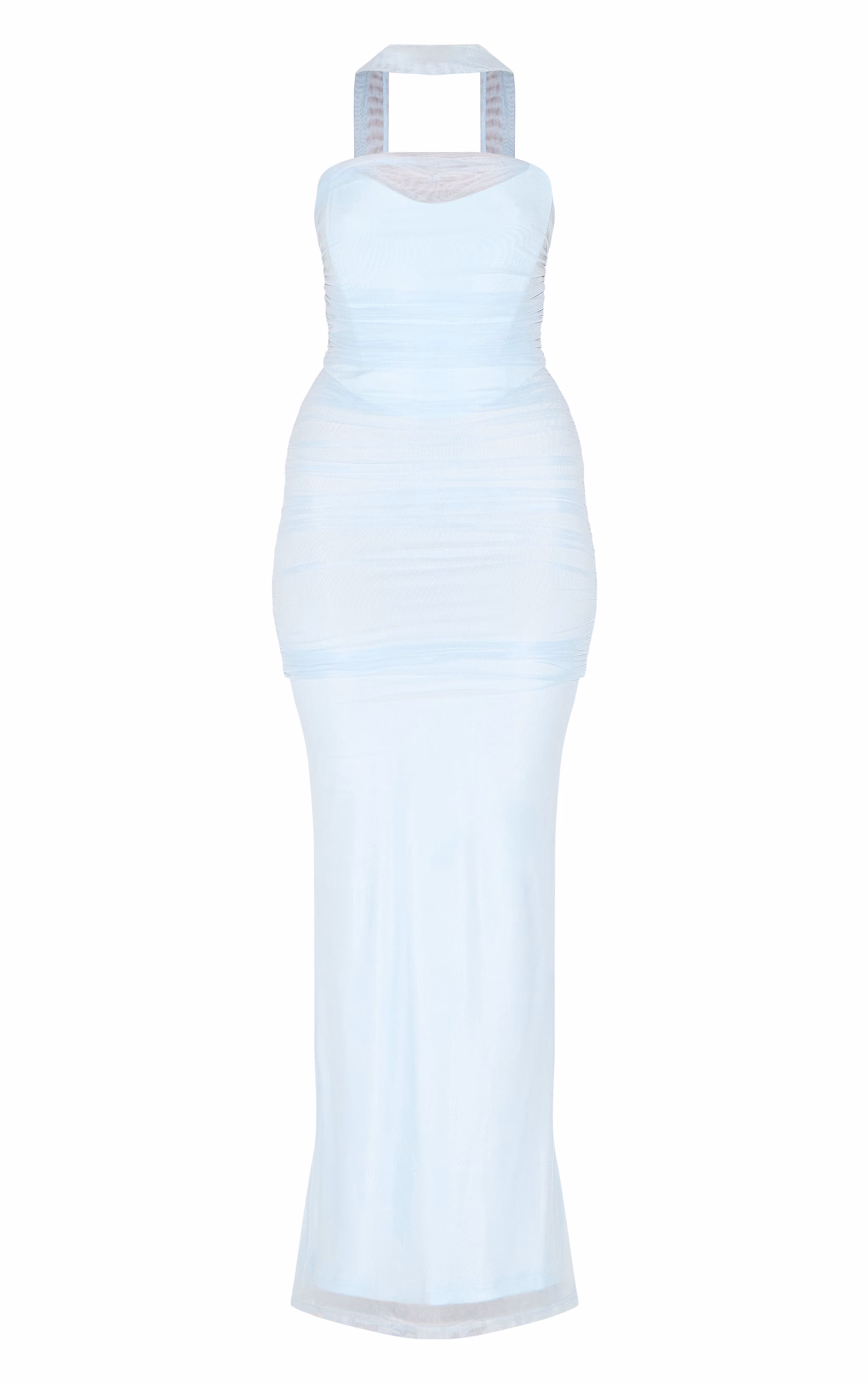 Blue Scarf Detail Ruched Maxi Dress