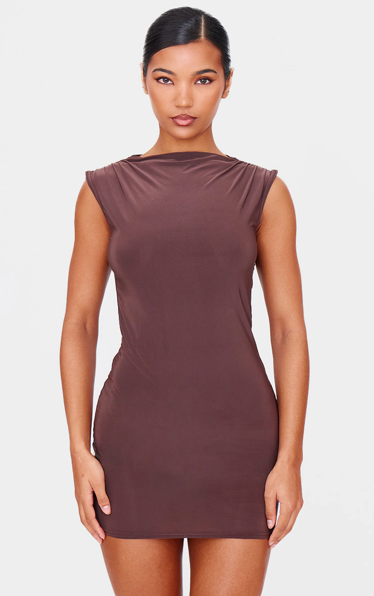 Chocolate Slinky High Neck Ruched Mini Dress