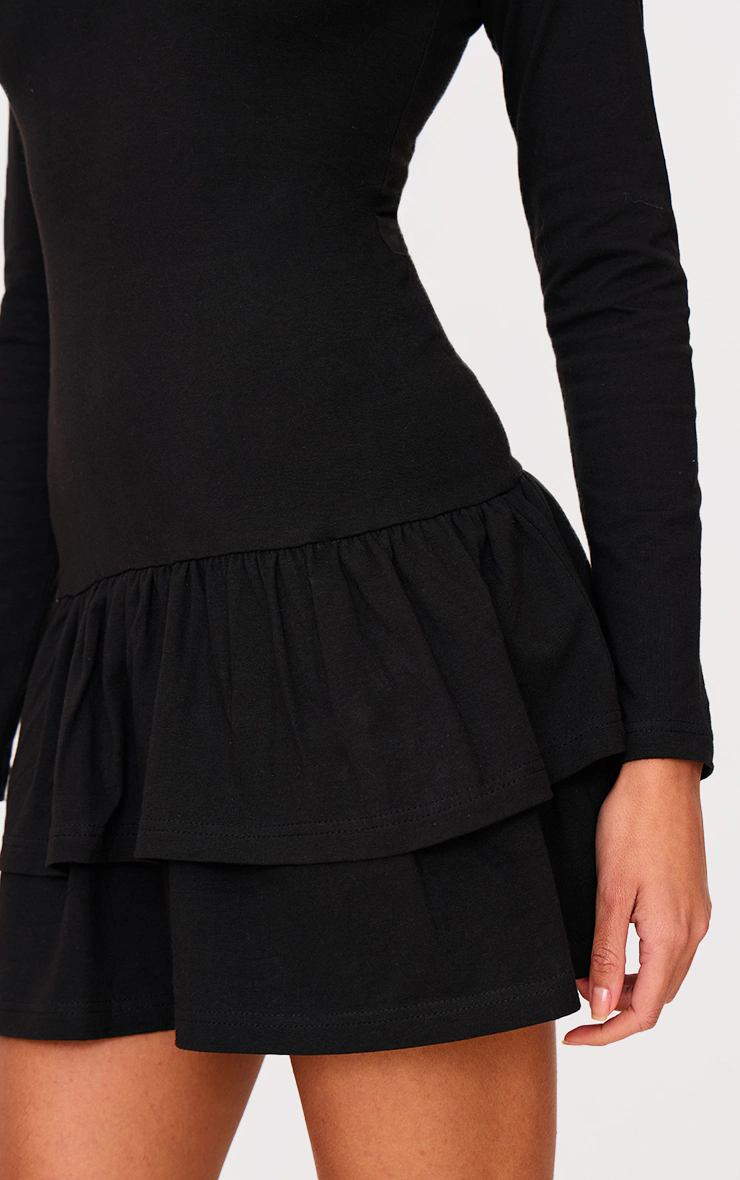 Black Cotton Long Sleeve Tiered Shift Dress