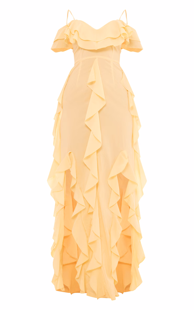 Lemon Cold Shoulder Ruffle Detail Maxi Dress
