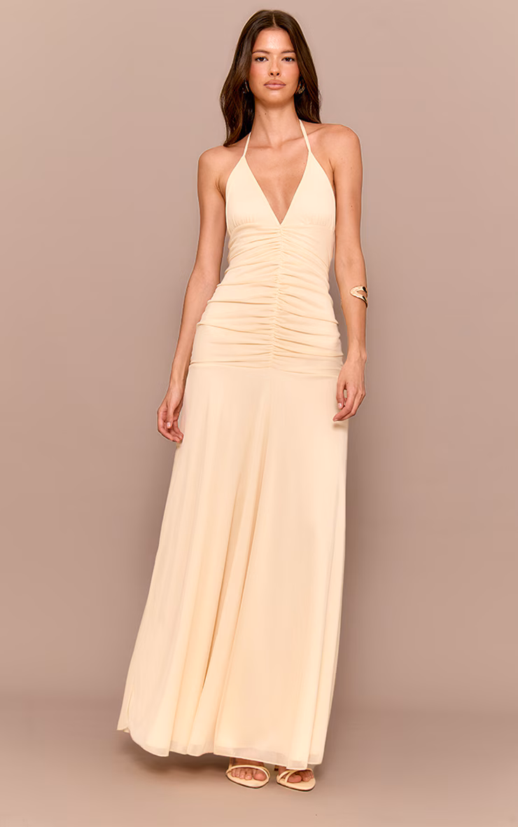 Cream Ruched Detail Strappy Maxi Dress