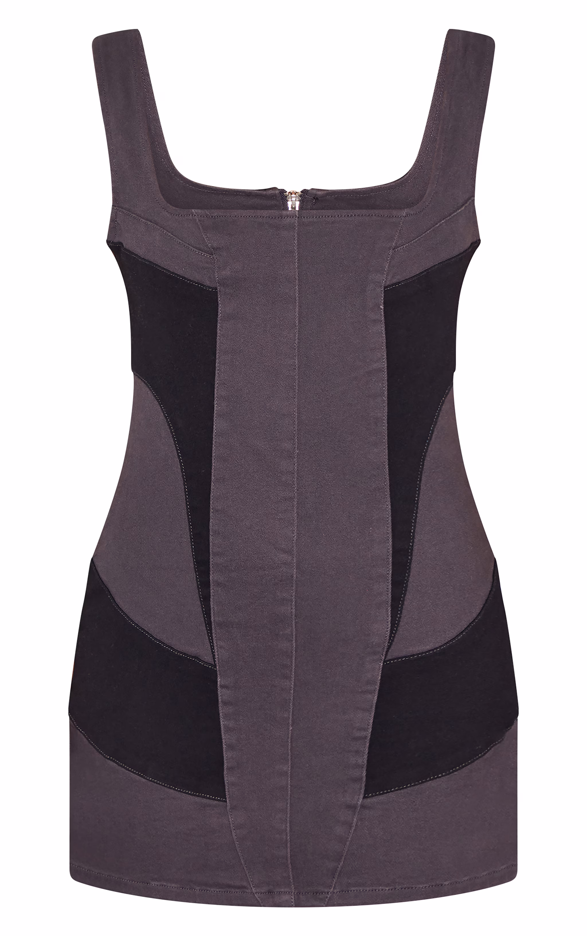 Black Contrast Panel Detail Denim Dress