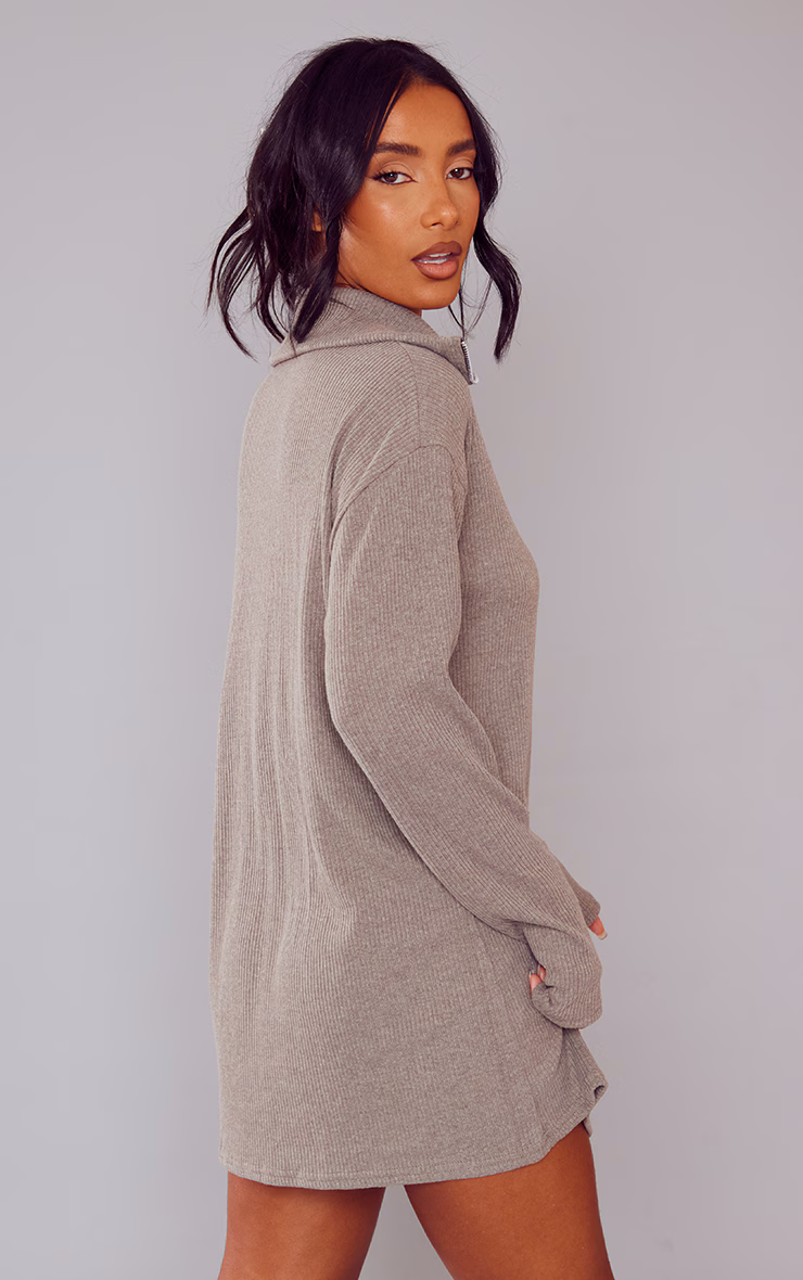 Sage Khaki Rib High Neck Half Zip Oversized Sweater Dress