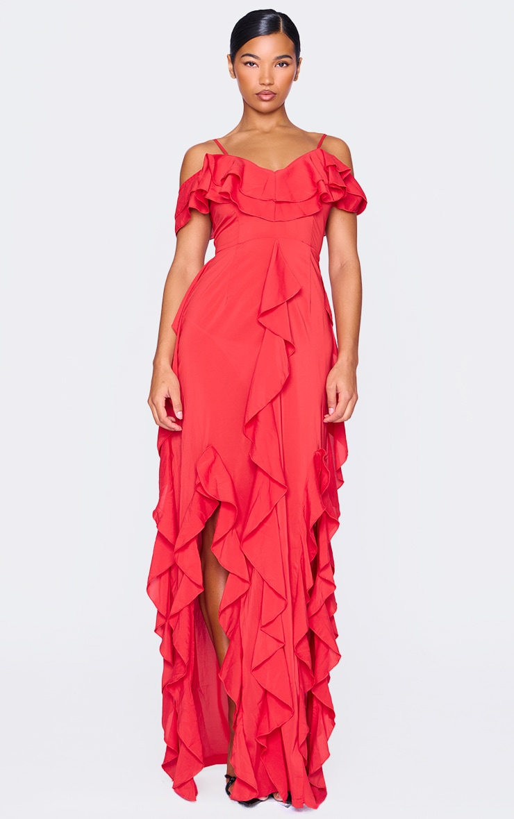 Red Cold Shoulder Ruffle Detail Maxi Dress
