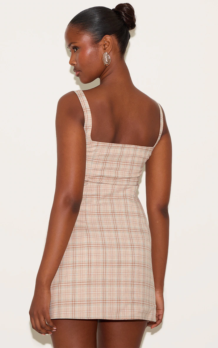 Beige Multi Checked Bodice A-line Dress