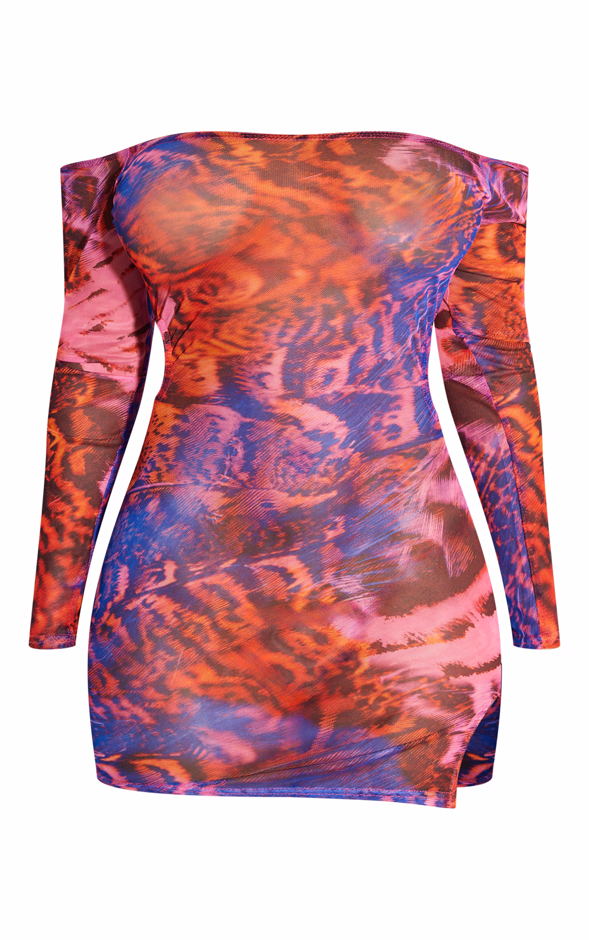 Shape Purple Printed Mesh Long Sleeve Bardot Cut Out Bodycon Dress