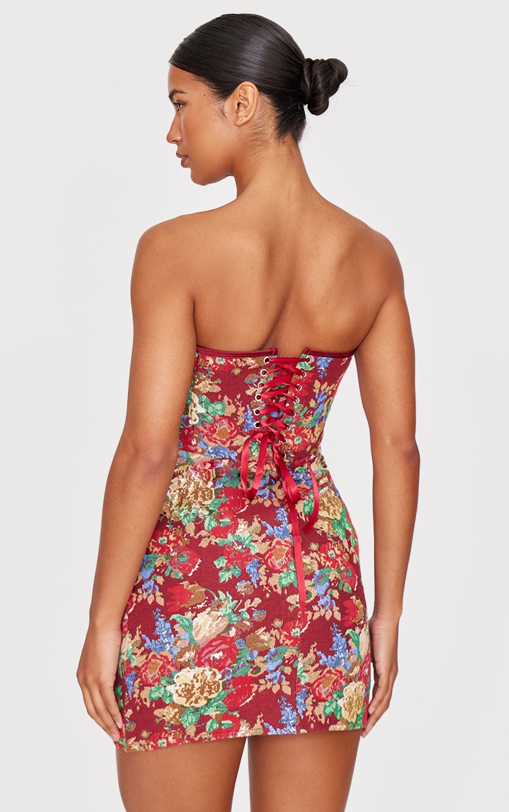 Burgundy Tapestry Bandeau Lace Up Back Bodycon Dress