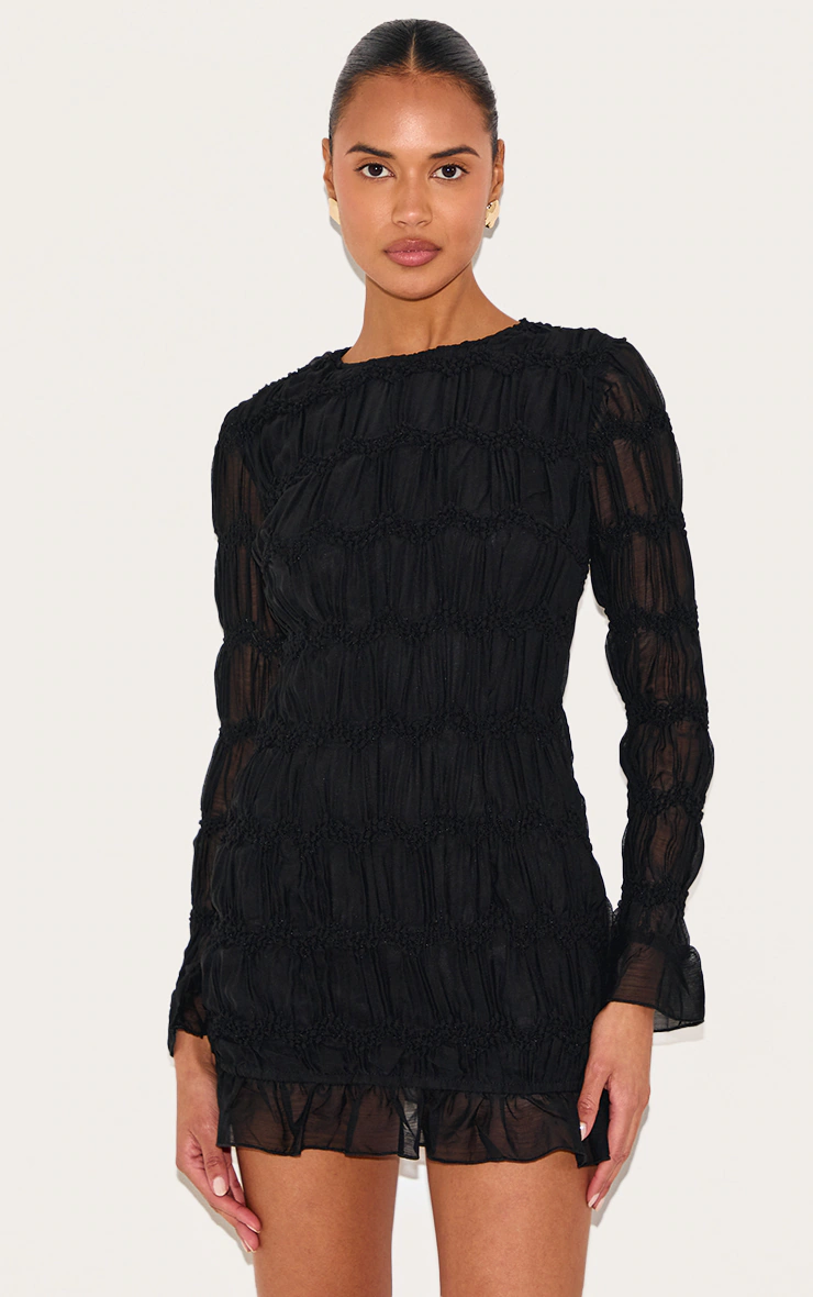 Black Textured Long Sleeve Crew Neck Mini Dress