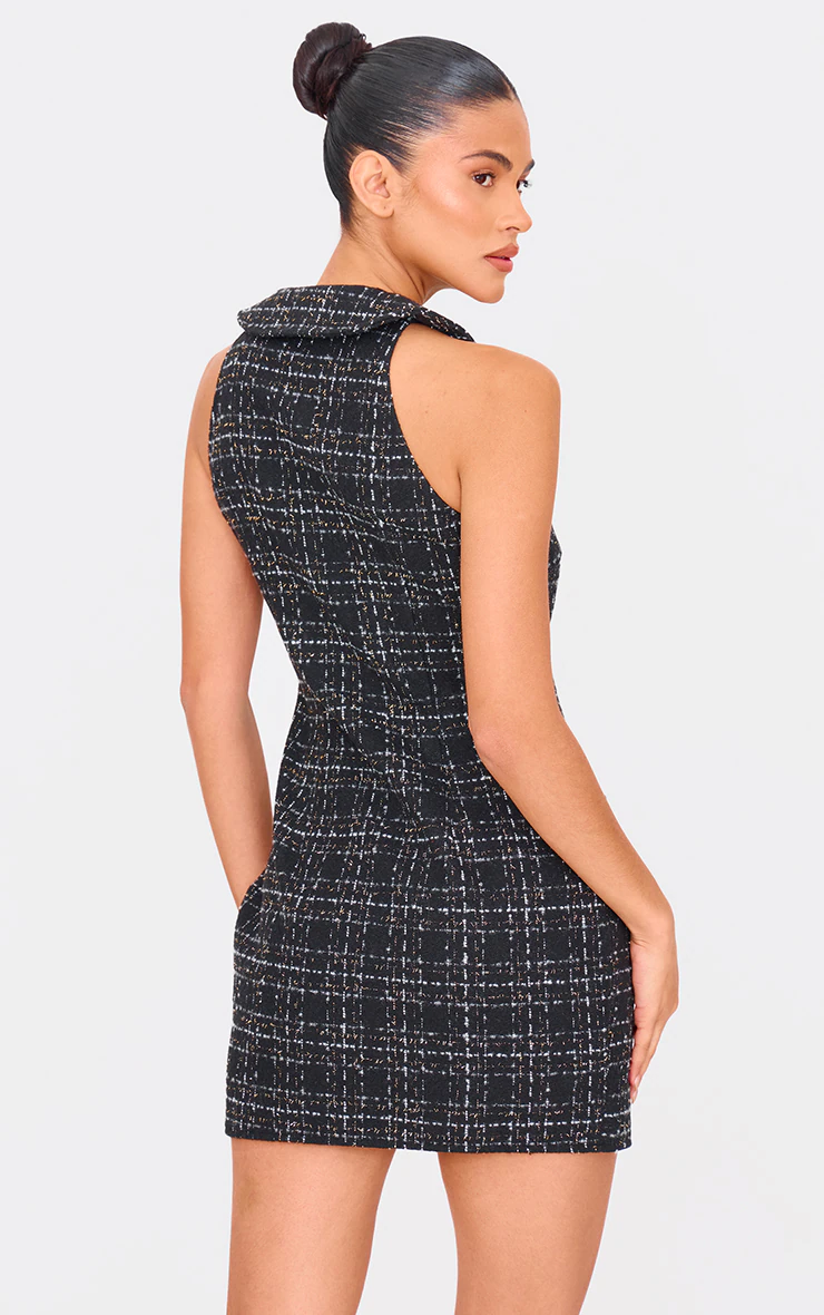 Black Boucle Button Up Mini Dress