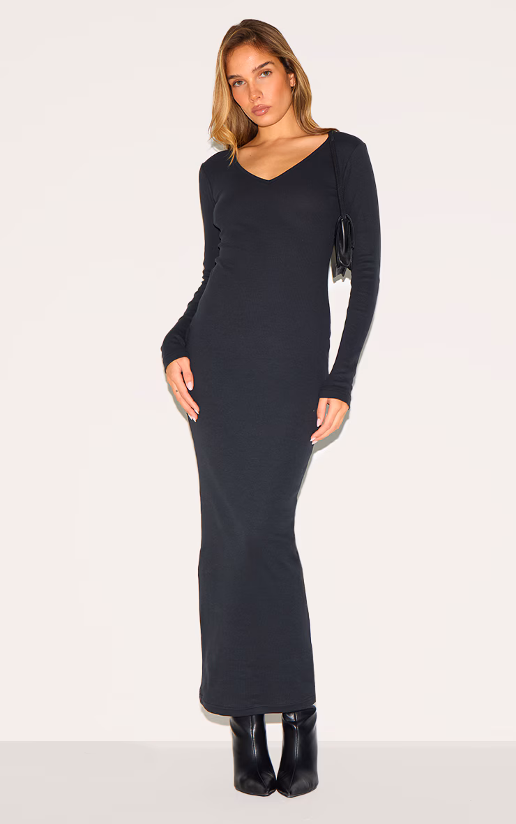 Black Ribbed V Neck Long Sleeve Maxi Dress