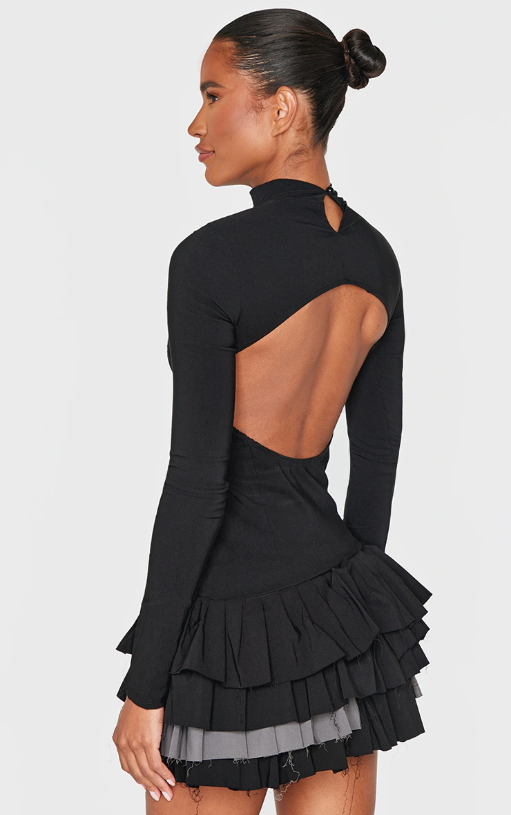 Black Stretch Woven Extreme Pleated Long Sleeve Shift Dress