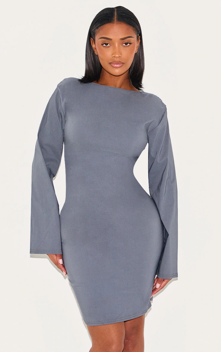 Shape Charcoal Stretch Woven Boat Neck Ruched Waist Mini Dress