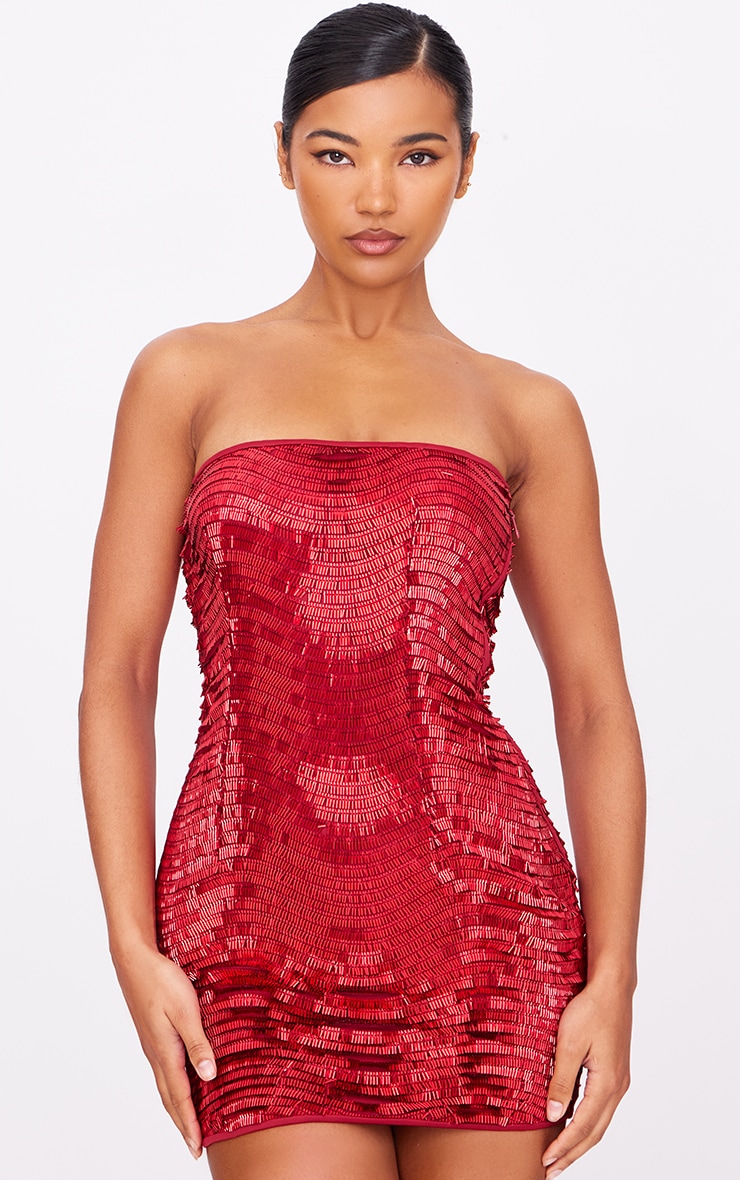 Red Textured Sequin Bandeau Mini Dress