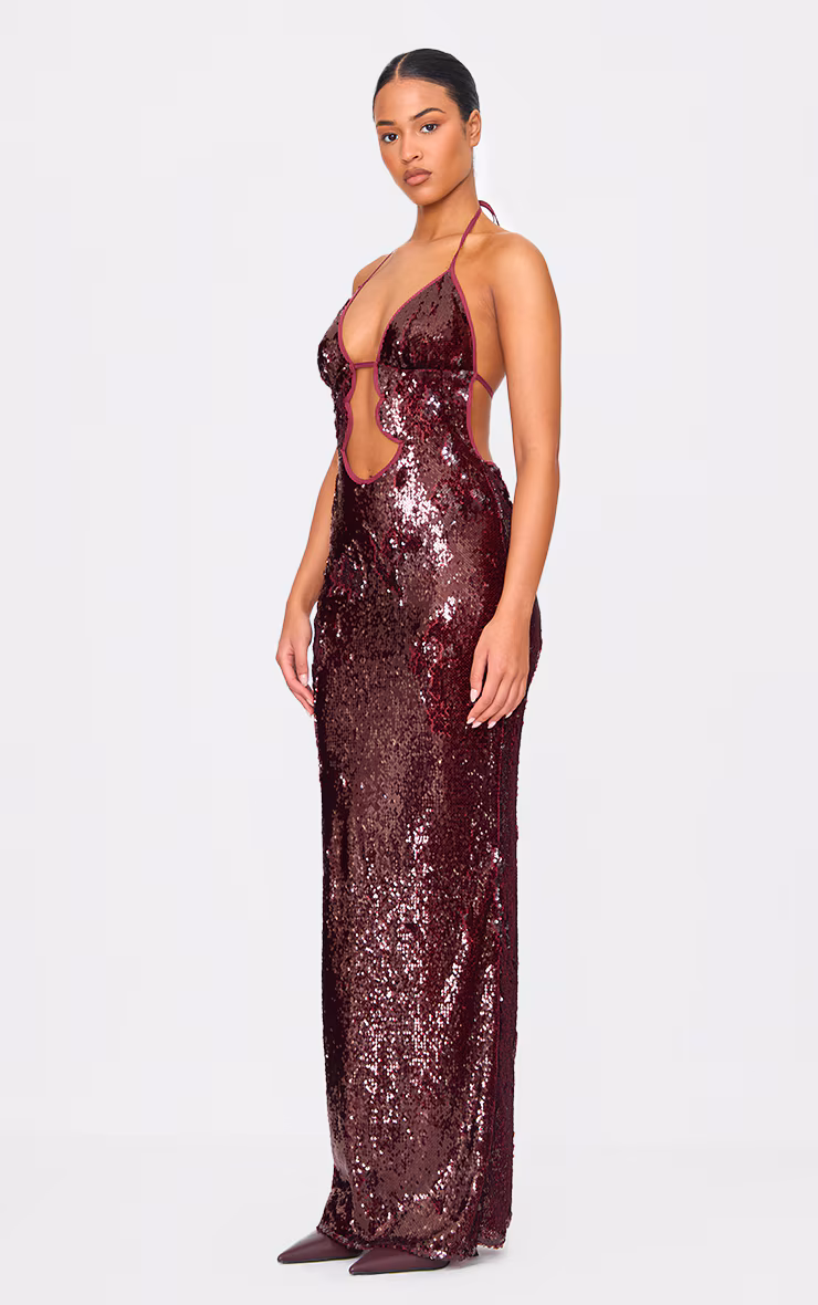 Tall Dark Red Sequin Plunge Halter Neck Maxi Dress