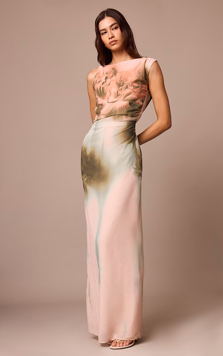 Dusty Pink Printed Floral Chiffon Ruched Maxi Dress