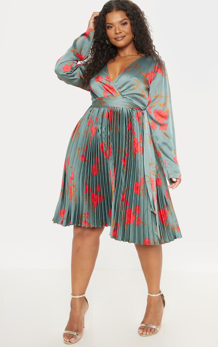 Plus Emerald Green Floral Print Long Sleeve Pleated Midi Dress